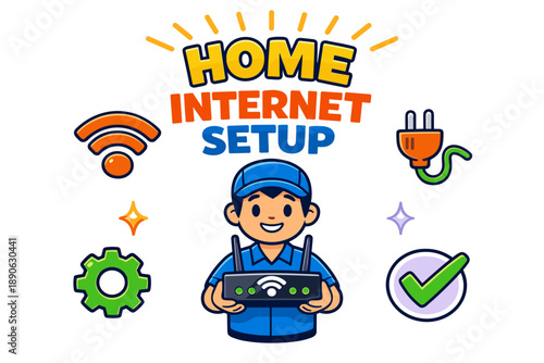 Home internet setup guide with cartoon character holding router