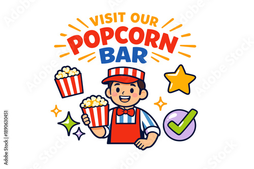 Cheerful cartoon vendor promoting popcorn bar with stars and checkmark icons