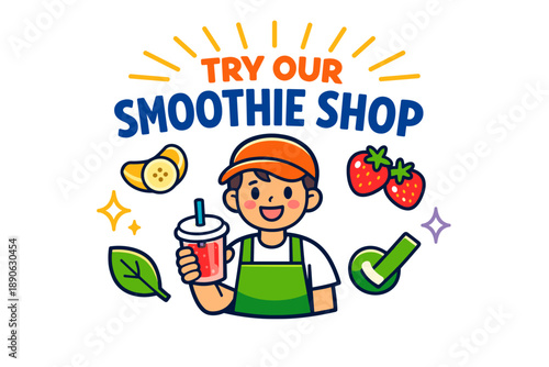 Young male promoting smoothie shop with fresh fruits and juices