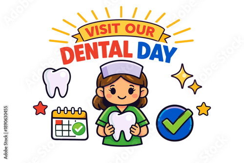 Dental day promotion: female dentist illustration with calendar and healthy teeth symbols