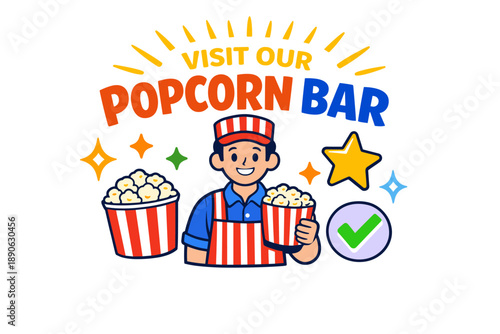 Popcorn bar promotion with smiling vendor and colorful design elements