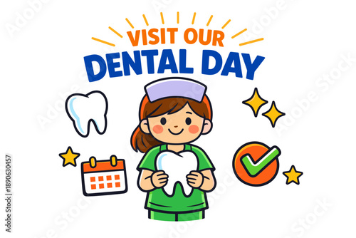Cartoon female dentist promoting dental day event with cartoon elements