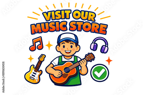 Cartoon boy playing guitar promoting music store with colorful icons