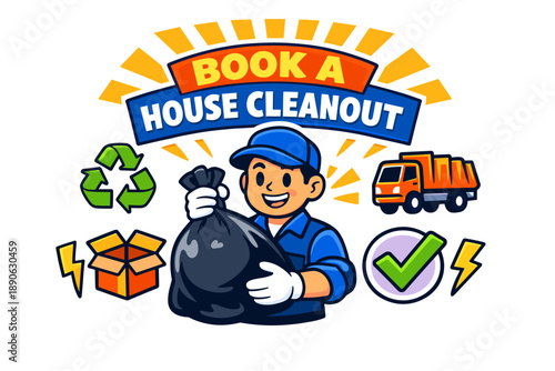 Cheerful male worker promoting eco-friendly house cleanout services