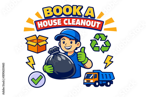 Book a house cleanout service with cartoon male character and recycling symbols