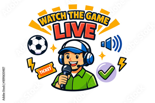 Cartoon sports commentator with headset and microphone promoting live game broadcast