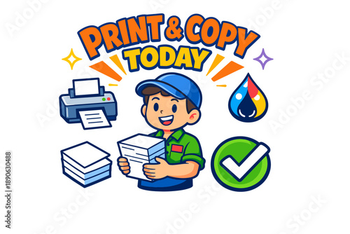Boy printing copies with printer and ink drop icon for print and copy today