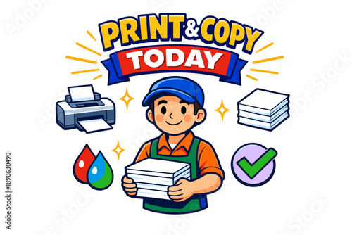 Cheerful male worker in print shop holding paper stacks with printer and supplies icons