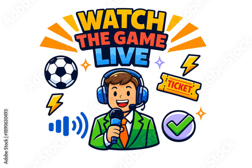 Animated male sports commentator promoting live game broadcast with microphone and headset