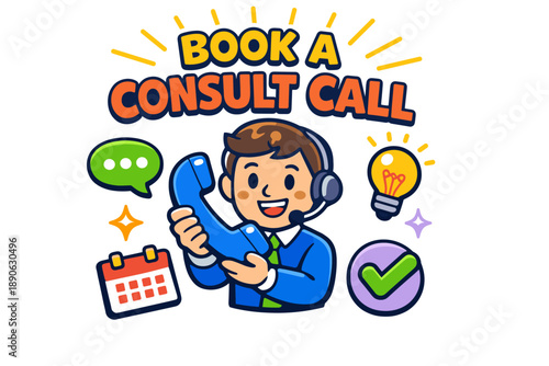 Young caucasian male consultant smiling with phone and headset for call booking