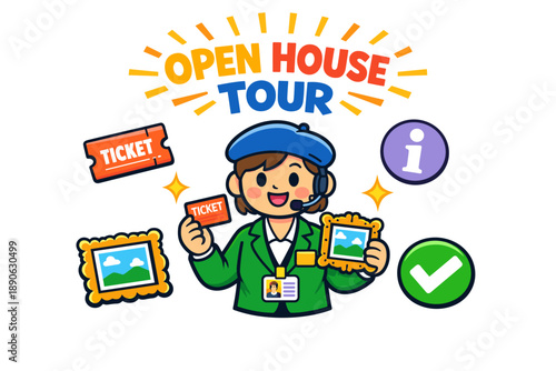 Cartoon tour guide offering open house tour with tickets and information icons
