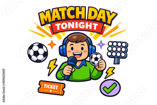 Cartoon soccer announcer - match day celebration with microphone and soccer icons