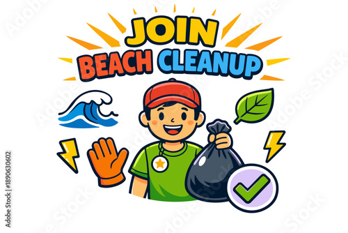 Join beach cleanup: cartoon character promoting environmental action with bright graphics