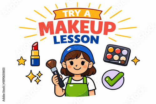 Cartoon young girl trying makeup with lipstick, brush, and eyeshadow palette
