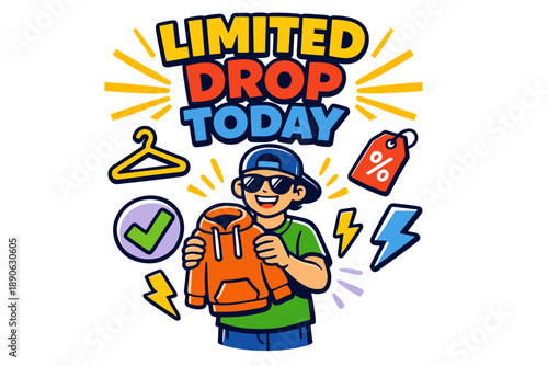 Excited young male holding hoodie at limited drop event with symbols of fashion and shopping enthusiasm