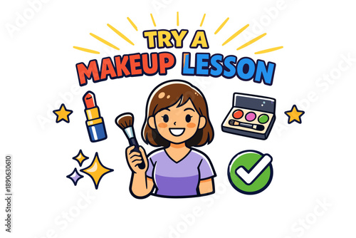 Cartoon illustration of asian female child with makeup lessons and tools