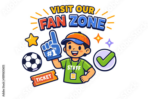 Visit our fan zone: enthusiastic young male character promoting sports area