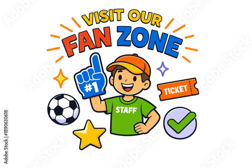 Animated visit our fan zone poster with cheerful male mascot and sports icons