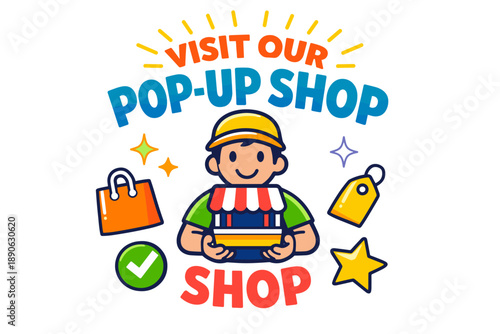 Cartoon pop-up shop promotion with icons of shopping bag and tag
