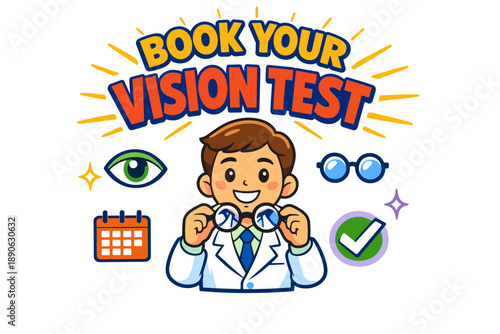 Cartoon eye test promotion with smiling young caucasian male optometrist