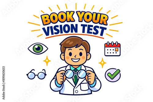 Cartoon optometrist male booking vision test appointment eye glasses checkup