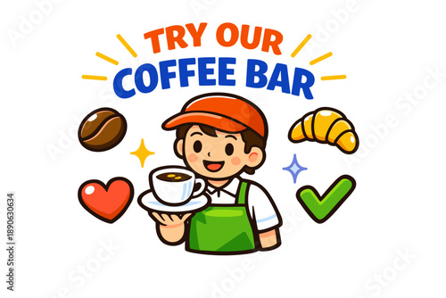 Young male barista promoting coffee bar with cup, croissant, and coffee bean icons