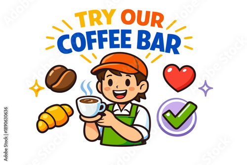 Cartoon coffee bar promotion with male barista holding cup and colorful icons
