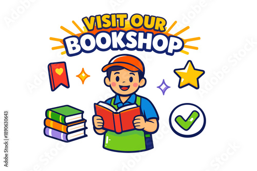 Cartoon boy promotes bookshop with books and symbols