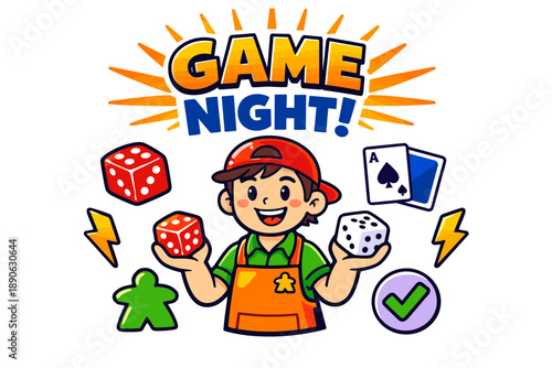 Cheerful young boy juggling dice at game night with cards and symbols