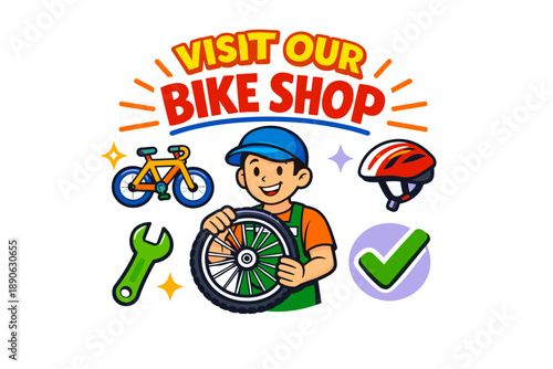 Cartoon bike shop promotion with bicycle parts and smiling mechanic