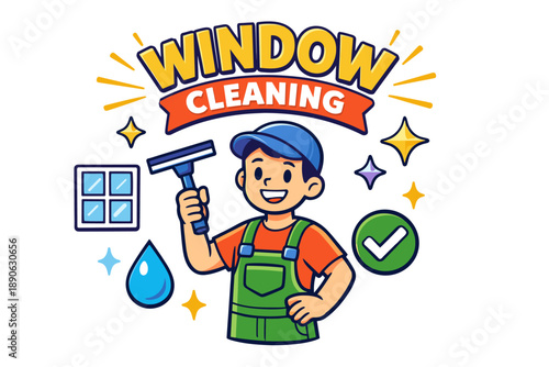 Cartoon boy with cap and squeegee offers window cleaning services