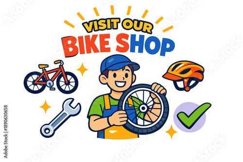 Visit our bike shop: cartoon boy with bicycle wheel and accessories