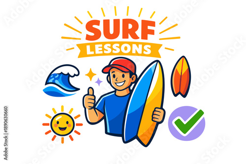 Surf lessons with happy young male cartoon surfer holding surfboard