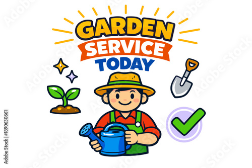 Cartoon gardener with watering can promoting garden service today