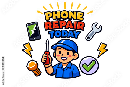 Cartoon technician promoting phone repair services with tools and symbols