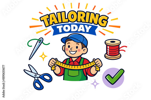 Smiling young male cartoon tailor with sewing tools and tape measure