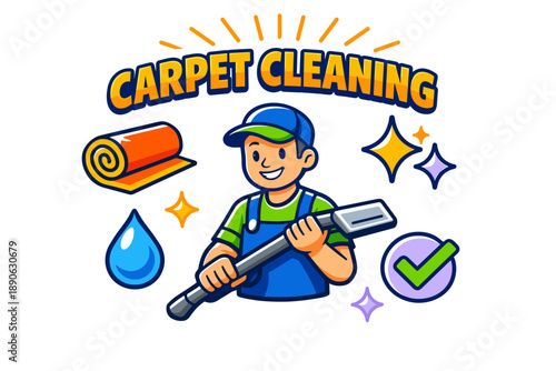 Cartoon male cleaner with vacuum for carpet cleaning service logo