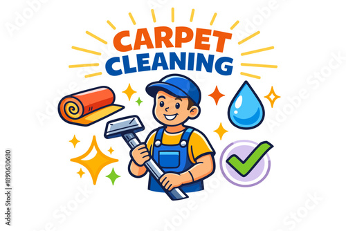 Cheerful cartoon boy with carpet cleaning equipment and icons