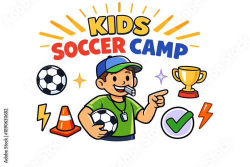 Kids soccer camp: cartoon boy with soccer ball and trophy graphic