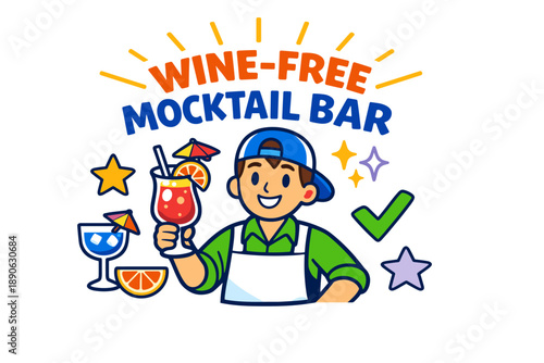 Wine-free mocktail bar: playful cartoon design with refreshing drinks and symbols