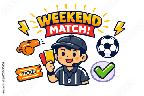 Cartoon referee holding red card for weekend match announcement