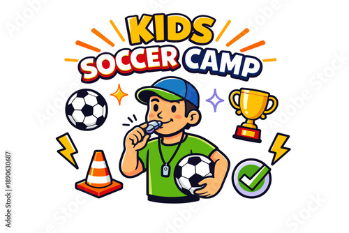 Kids soccer camp cartoon illustration with child soccer player, whistle, trophy, and equipment