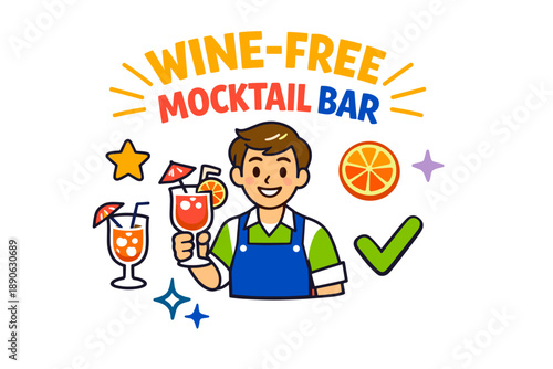 Cheerful young male mocktail bartender at wine-free bar with colorful decor