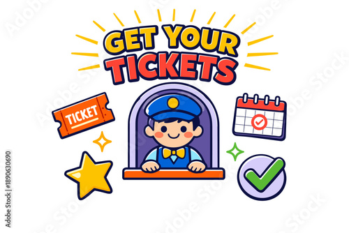 Cartoon ticket seller at booth with ticket, calendar, star, and checkmark icons