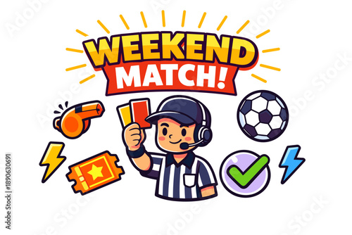 Weekend match cartoon referee with cards, whistle, and soccer ball