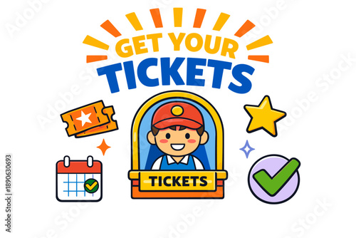 Cartoon ticket booth graphic with smiling attendant and event icons