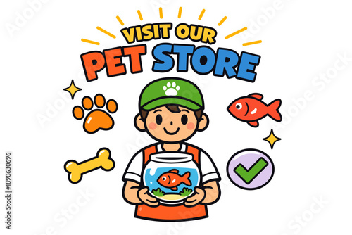 Pet store advertisement featuring cartoon boy with fishbowl and colorful elements