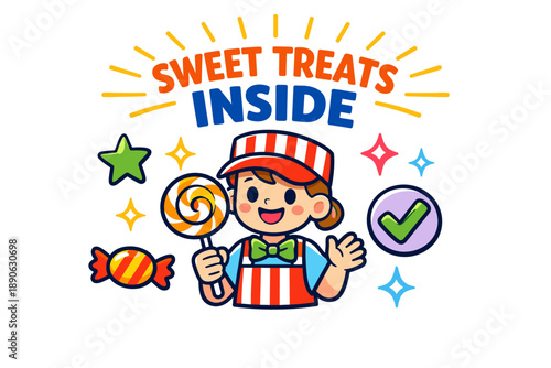 Colorful kid-friendly candy shop logo with cartoon character and sweets