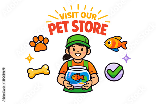 Smiling young female cartoon character holding fish bowl with pet store icons