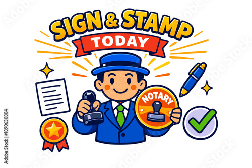 Male notary signing and stamping documents with seal and pen illustration